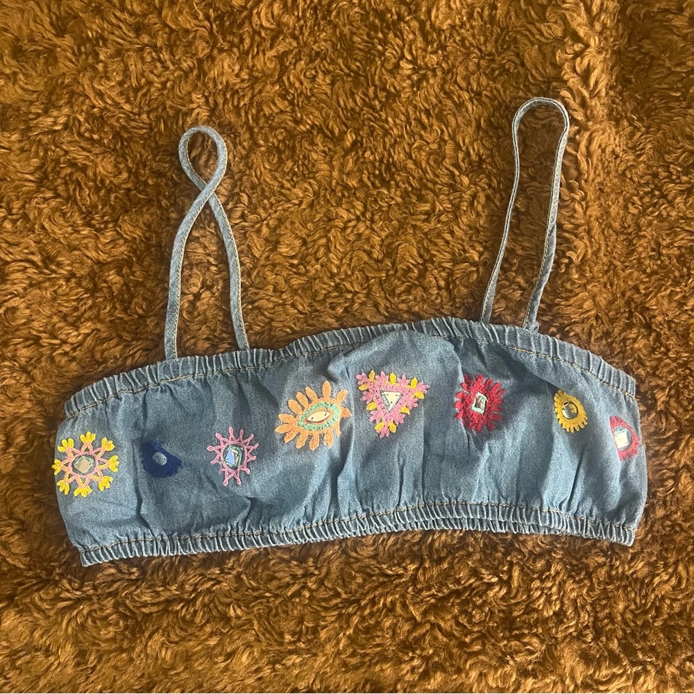 ZARA: Denim sleeveless crop top with colorful designs